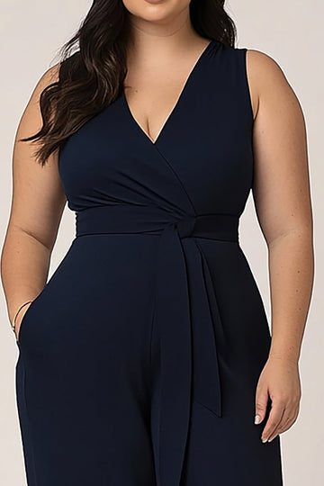 Plus Size Navy V-ringad Lång Kvinnor Jumpsuits